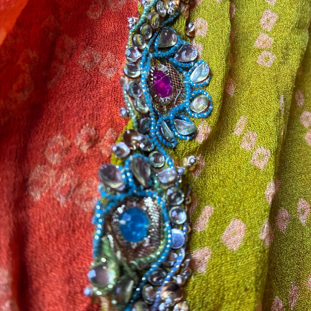Orange, Green and Peach Chiffon Sari with Pink, Blue, Clear Rhinestone Border